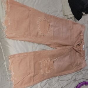 Peach Distressed Wide Leg Jeans